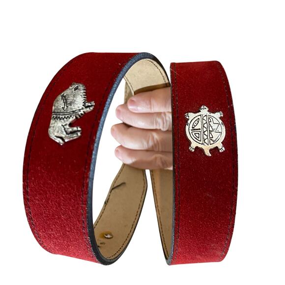 Vintage Red Suede Southwestern Concho Belt Silver Animal Symbols - Picture 5 of 12